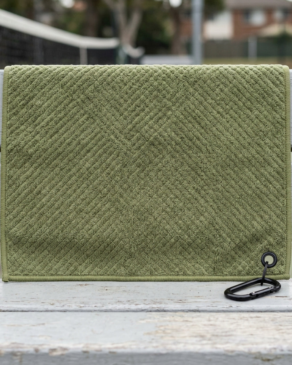 Txfvd Diamond-Weave Court Towel with Grommet and Carabiner Moss - Lifestyle view